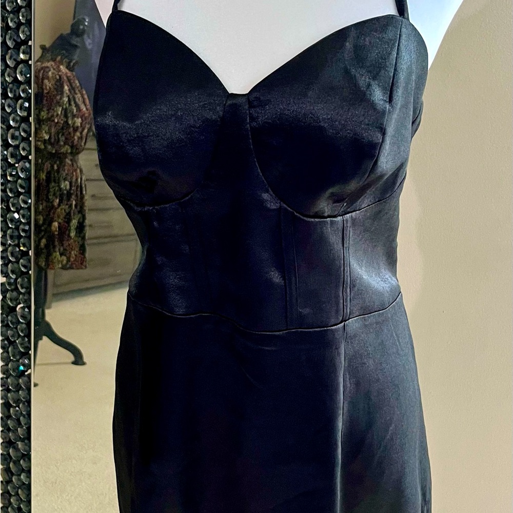 Black silk fitted tie up party dress